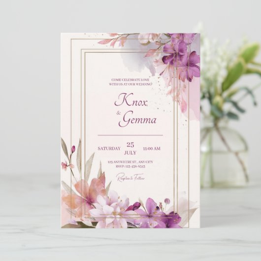 Romantische Paarse Bloesem Bloemen Huwelijk Kaart (Staand voorkant)