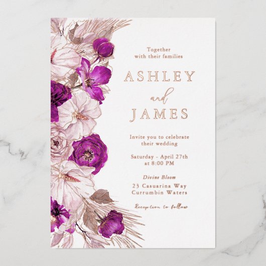 Romantische Paarse & Blush Roos Gold Folie Wedding Folie Uitnodiging (Voorkant)