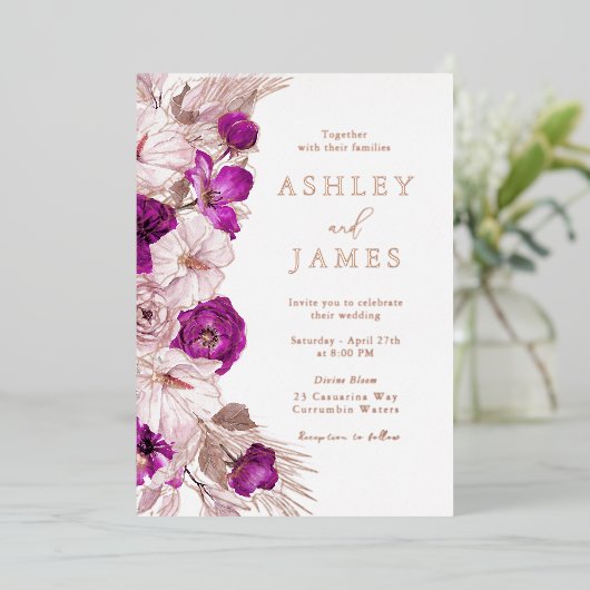 Romantische Paarse & Blush Roos Gold Folie Wedding Folie Uitnodiging (Staand Voorkant)