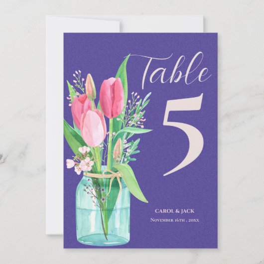 Romantische Paarse Blush Tulp Trouwtafel Nummer Bedankkaart (Voorkant)