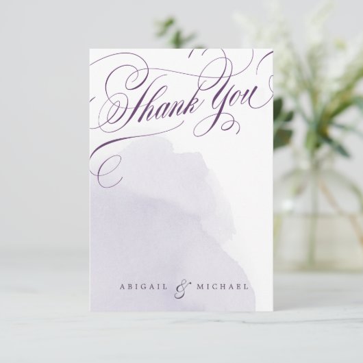 Romantische paarse bruiloft kalligrafie dank u bedankkaart (Staand voorkant)