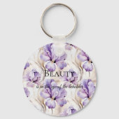 Romantische Paarse Crème Iris Floral Beauty Quote Sleutelhanger (Voorkant)