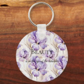 Romantische Paarse Crème Iris Floral Beauty Quote Sleutelhanger (Voorkant)