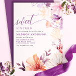 Romantische Paarse en roze Wildflower Sweet 16 Kaart<br><div class="desc">Vier een bijzondere mijlpaal met deze romantische Paarse en roze Wildflower Sweet 16 Invitation. Met een prachtig waterverf ontwerp van delicate wilde bloemen in zachte tinten van paarse en roze, straalt deze uitnodiging charme en elegantie uit. De sierlijke kalligrafie voegt een vleugje verfijning toe, waardoor het perfect is voor een...</div>
