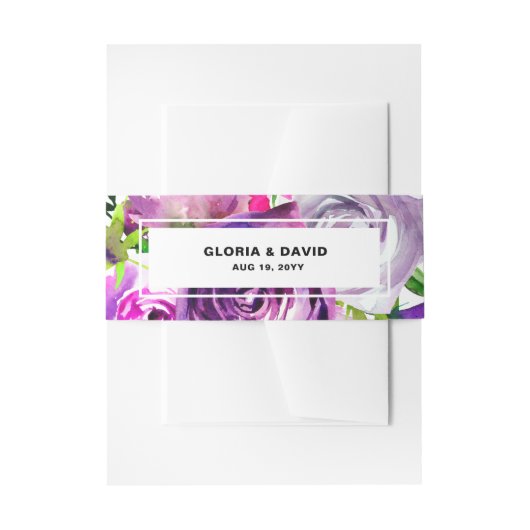 Romantische Paarse Floral Invitation Belly Band Uitnodigingen Wikkel (Voorkant Voorbeeld)
