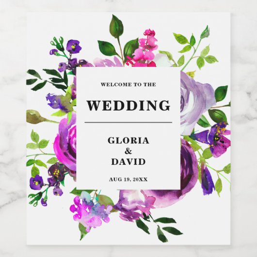 Romantische Paarse Floral Weddenschap Wijn Etiket (Enkel label)