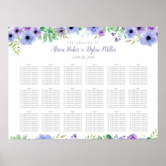 Romantische Paarse Floral Wedding Seating Chart Poster (Voorkant)