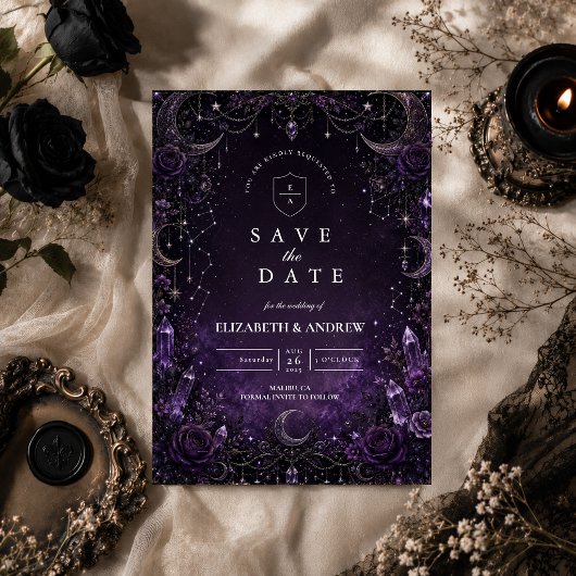 Romantische Paarse Goth Huwelijk Save The Date