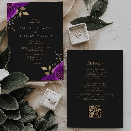 Romantische Paarse Gouden Bloemen Dark QR Code Huw Kaart
