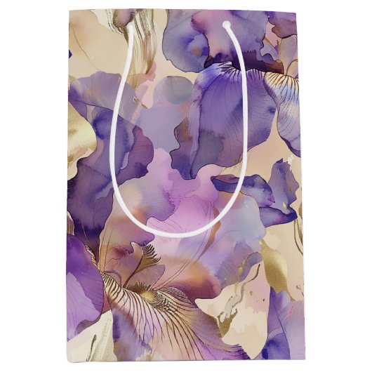 Romantische Paarse Gouden Iris Bloemen Huwelijk Medium Cadeauzakje (Voorkant)