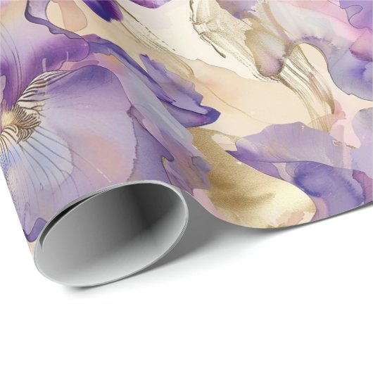 Romantische Paarse Gouden Iris Bloemige Bruiloft Cadeaupapier (Rol Hoek)