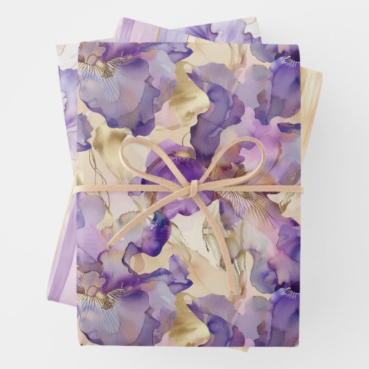 Romantische Paarse Gouden Iris Bloemige Bruiloft Inpakpapier Vel (In situ)