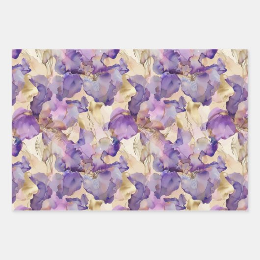 Romantische Paarse Gouden Iris Bloemige Bruiloft Inpakpapier Vel (Voorkant)
