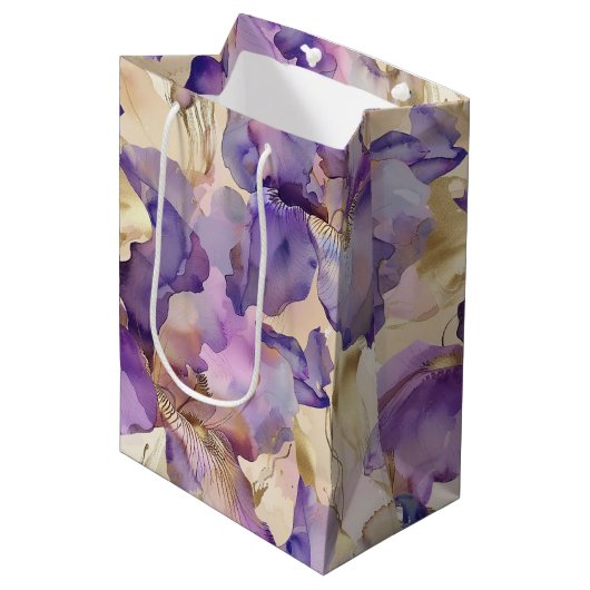 Romantische Paarse Gouden Iris Bloemige Bruiloft Medium Cadeauzakje (Voorkant Gekanteld)