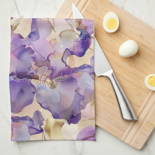 Romantische paarse gouden iris bloemige bruiloft theedoek (Quarter Fold)