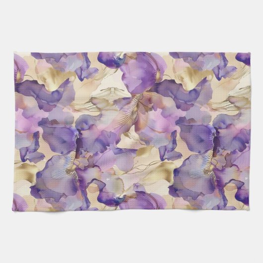 Romantische paarse gouden iris bloemige bruiloft theedoek (Horizontaal)