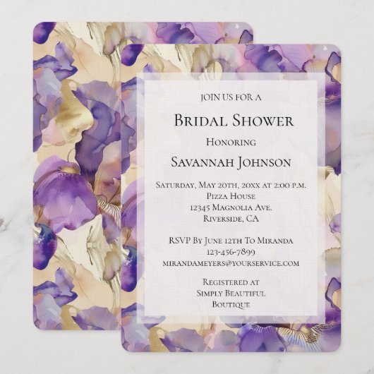 Romantische paarse gouden iris bloemrijke bruidsdo kaart (Voorkant / Achterkant)