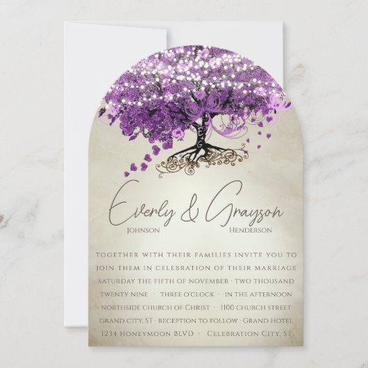 Romantische Paarse Heart Leaf Tree Wedding Kaart (Voorkant)