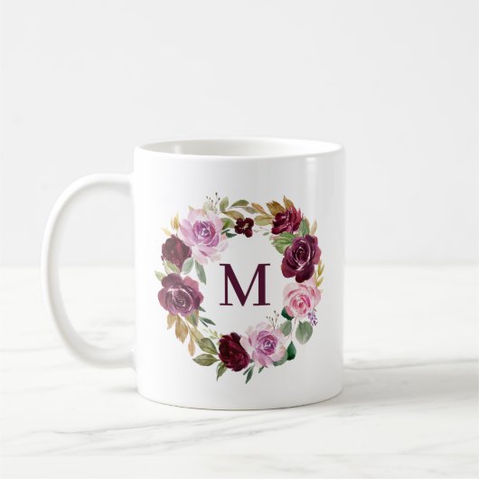 Romantische Paarse Herfst Bloemenkrans Monogram Koffiemok (Links)