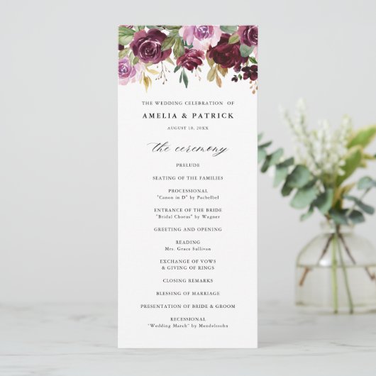 Romantische Paarse Herfst Floral Blooms Rustic Wed Programmakaart (Staand voorkant)