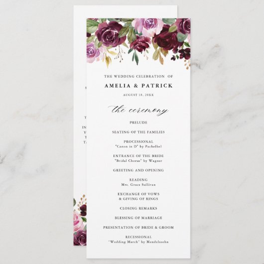 Romantische Paarse Herfst Floral Blooms Rustic Wed Programmakaart (Voorkant / Achterkant)