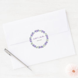 Romantische paarse hortensia bloemenkrans bruiloft ronde sticker