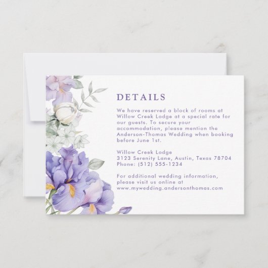 Romantische Paarse iris bloemenbruiloft details Ka RSVP Kaartje (Voorkant)
