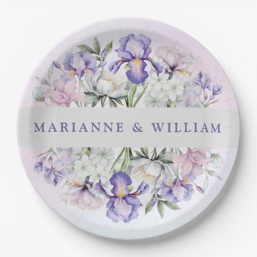 Romantische Paarse iris en pioenen bloemenbruiloft Papieren Bordje (Voorkant)