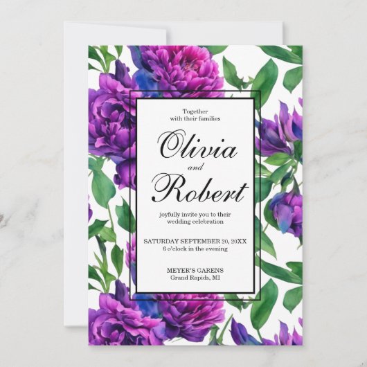 Romantische paarse magenta roze pioenrozen bruilof kaart (Voorkant)