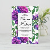 Romantische paarse magenta roze pioenrozen bruilof kaart (Staand voorkant)