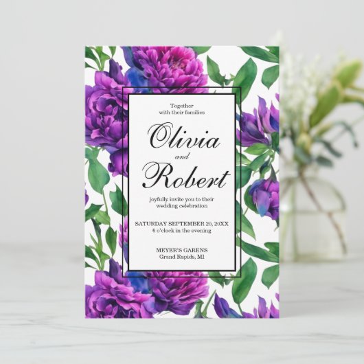 Romantische paarse magenta roze pioenrozen bruilof kaart (Staand voorkant)