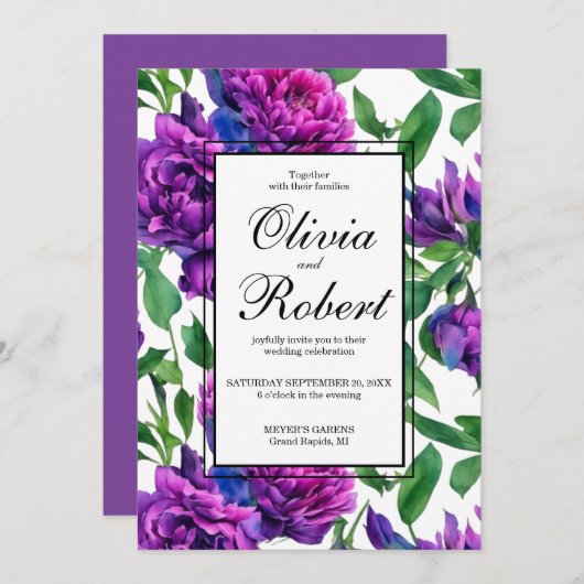 Romantische paarse magenta roze pioenrozen bruilof kaart (Voorkant / Achterkant)