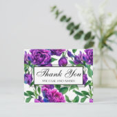 Romantische paarse magenta roze waterverf pioenroz bedankkaart (Staand voorkant)