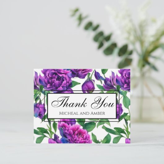 Romantische paarse magenta roze waterverf pioenroz bedankkaart (Staand voorkant)