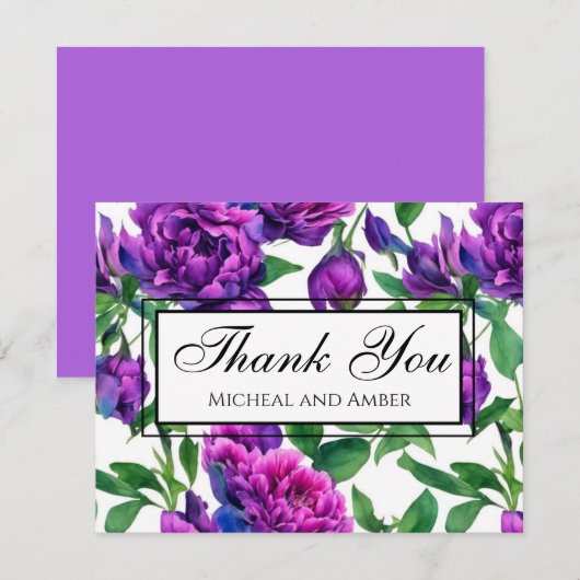 Romantische paarse magenta roze waterverf pioenroz bedankkaart (Voorkant / Achterkant)