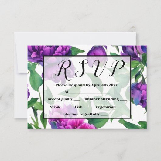 Romantische paarse magenta roze waterverf pioenroz RSVP kaartje (Voorkant)