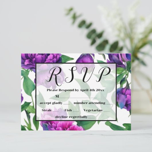 Romantische paarse magenta roze waterverf pioenroz RSVP kaartje (Staand voorkant)
