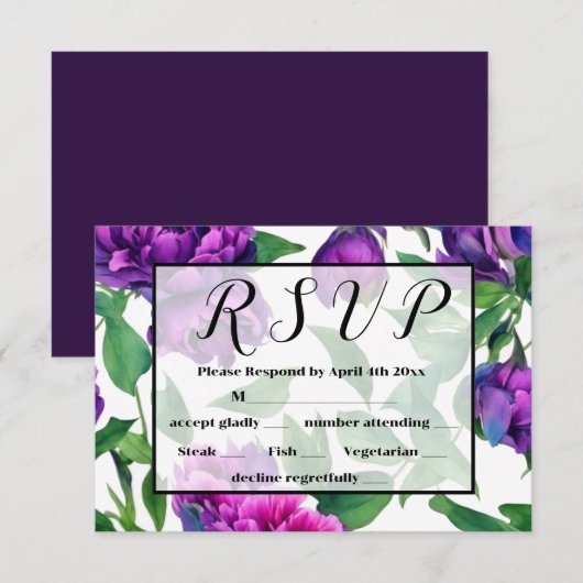 Romantische paarse magenta roze waterverf pioenroz RSVP kaartje (Voorkant / Achterkant)