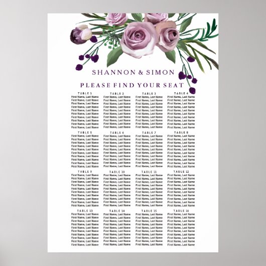 Romantische Paarse Plum Floral Wedding Seating Cha Poster (Voorkant)