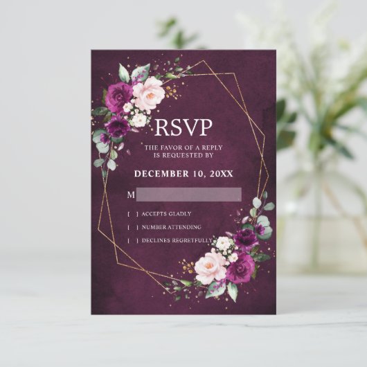 Romantische Paarse pruim Blush Pink Floral Geometr RSVP Kaartje (Staand voorkant)