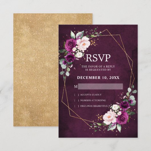 Romantische Paarse pruim Blush Pink Floral Geometr RSVP Kaartje (Voorkant / Achterkant)