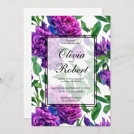 Romantische paarse roze waterverf pioenen BRUILOFT Kaart (Voorkant / Achterkant)