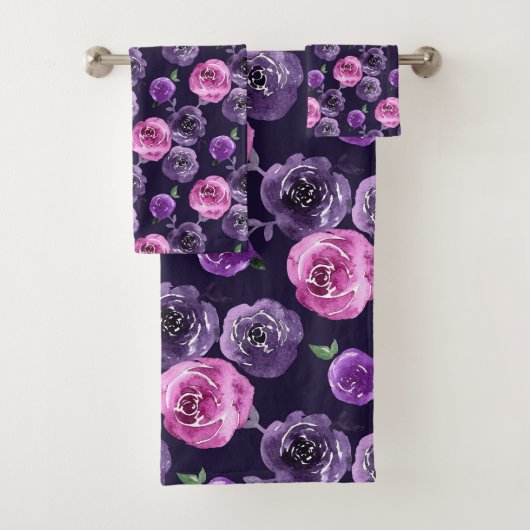 Romantische Paarse & Roze Waterverf Rozen Bloemen Bad Handdoek (Insitu)