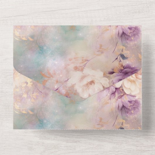 Romantische Paarse Turquoise Blush Bloemen Huwelij All In One Uitnodiging (Achterkant)