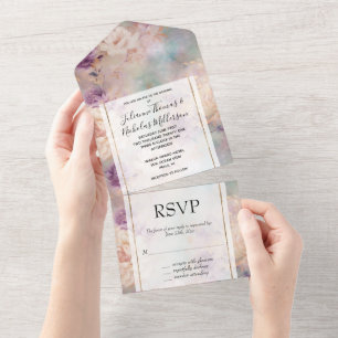 Romantische Paarse Turquoise Blush Bloemen Huwelij All In One Uitnodiging