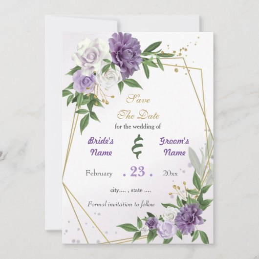 Romantische paarse witte bloemen goud geometrisch save the date (Voorkant)