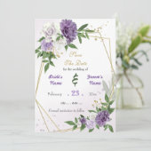 Romantische paarse witte bloemen goud geometrisch save the date (Staand voorkant)