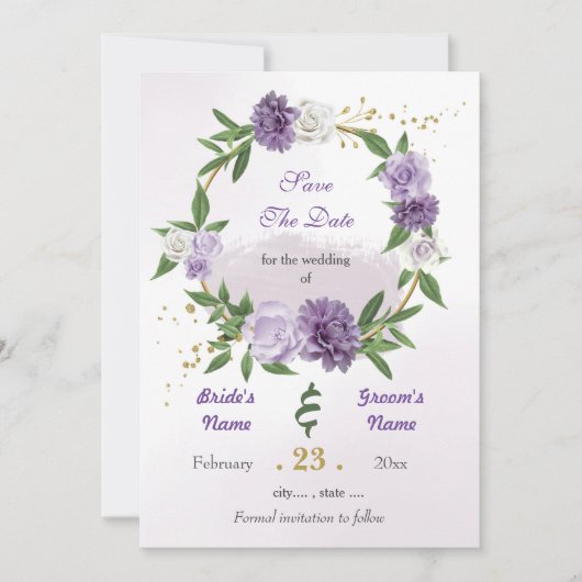 Romantische paarse witte bloemen gouden krans save the date (Voorkant)