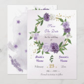 Romantische paarse witte bloemen gouden krans save the date (Voorkant / Achterkant)