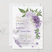 Romantische paarse witte bloemen groen save the date (Voorkant)